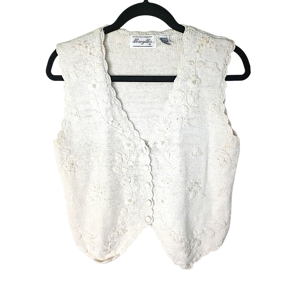 Margules Vintage Cream Floral Embroidered Knit Vest Faux Pearl Scalloped Size M